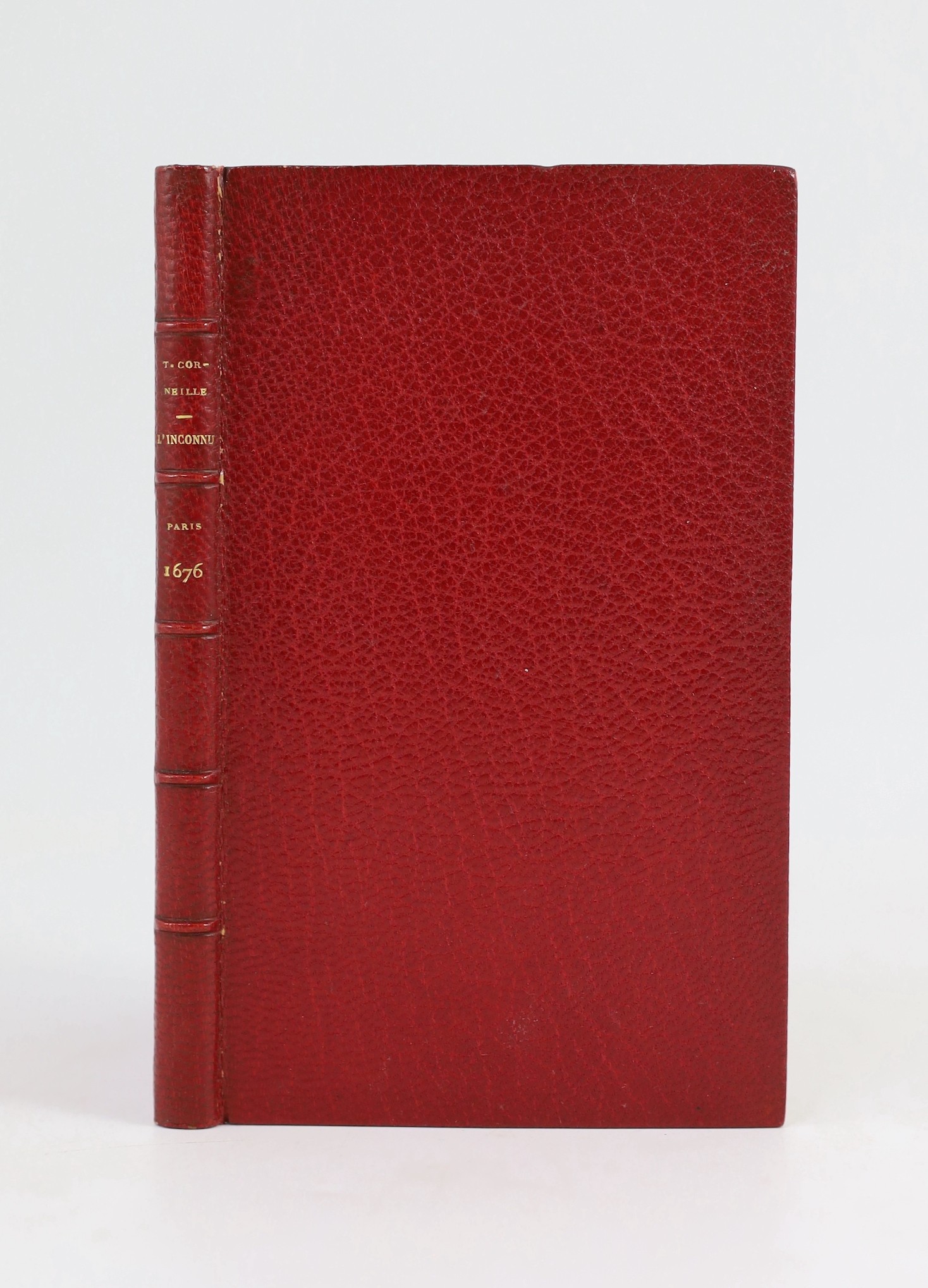 Cornielle, Thomas - L’Inconnu: comedie meslee d’ornemens et de musique, 12mo, red morocco, probably by Belz-Niedree, includes rare final leaf pp 113-114, Jean Ribou, Paris, 1676